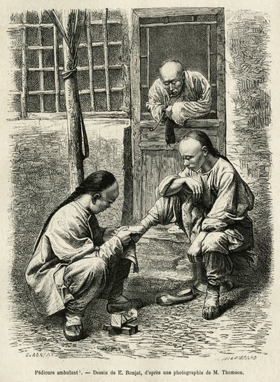 El pedicuro ambulante, una escena común de la vida cotidiana en las ciudades chinas. Grabado según el dibujo de E.Ronjat, para ilustrar el viaje a Pekín y el norte de China, por T.Choutze, en 1873, publicado en Le tour du monde, 1876, editado por Edouard C de Etienne Antoine Eugene Ronjat