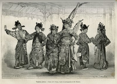 Tragediantes de un teatro pekinés, especializados en dramas históricos y mitológicos. Grabado según el dibujo de E.Ronjat, para ilustrar el viaje a Pekín y el norte de China, por T.Choutze, en 1873, publicado en Le tour du monde, 1876, editado por Edouard  de Etienne Antoine Eugene Ronjat