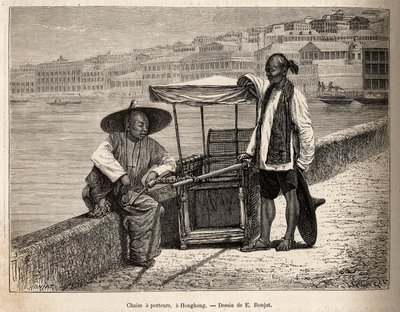 Dos porteadores en reposo junto a su silla de ruedas en Hong Kong, grabado después de un dibujo de E. Ronjat ilustrando el viaje a China, por J. Thompson, en 1870-1872, publicado en 