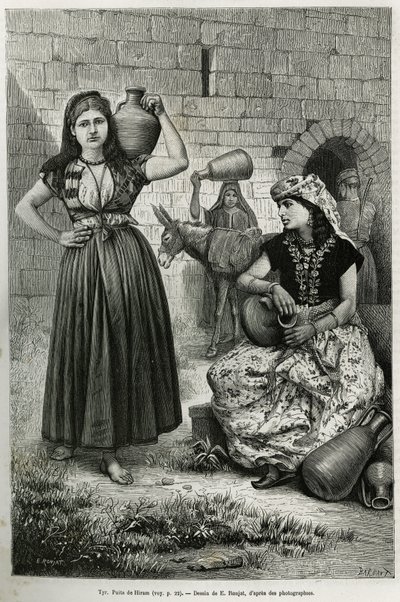 Mujeres llevando jarras, cerca del pozo de Hiram en Tiro. Grabado por E.Ronjat, para ilustrar la historia La Siria de hoy, por M.Lortet, decano de la Facultad de Medicina de Lyon, encargado de una misión científica por el Ministerio de Educación Pública, p de Etienne Antoine Eugene Ronjat