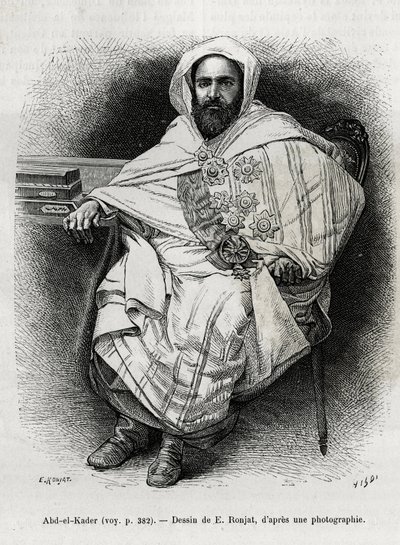 Retrato de Abd El Kader (1808-1883) emir y sultán argelino, teólogo sufí, político y resistencia militar al ejército colonial francés, también escritor, poeta y filósofo. Grabado de E.Ronjat, para ilustrar la historia La Siria de hoy, por M. de Etienne Antoine Eugene Ronjat
