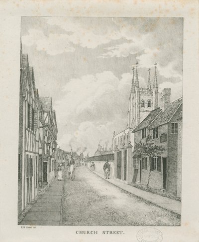 Tamworth - Calle de la Iglesia: litografía, nd [1796-1865] de Etienne Bruno Hamel