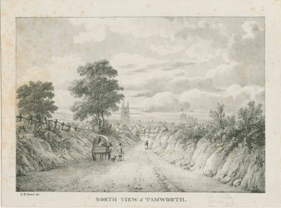 Tamworth - Vista distante desde el norte: litografía, nd [1796-1865] de Etienne Bruno Hamel