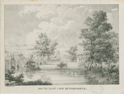 Tamworth - Vista distante desde el sur: litografía, nd [1796-1865] de Etienne Bruno Hamel