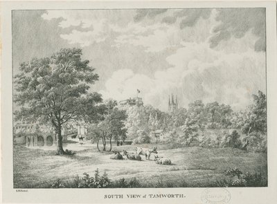 Tamworth - Vista distante desde el sur: litografía, nd [1796-1865] de Etienne Bruno Hamel