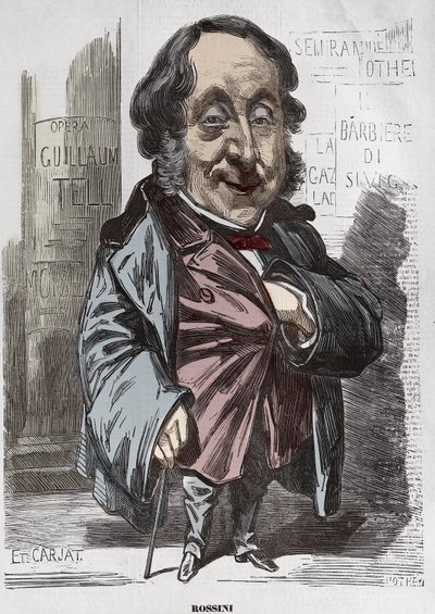 Retrato de Gioachino Rossini (1792-1868), Caricatura por Etienne Carjat - Etienne Carjat (1928-1906), retrato-caricatura de Rossini para Diogene, después de Nadar, 21 de diciembre de 1856 colorización digital de Etienne Carjat