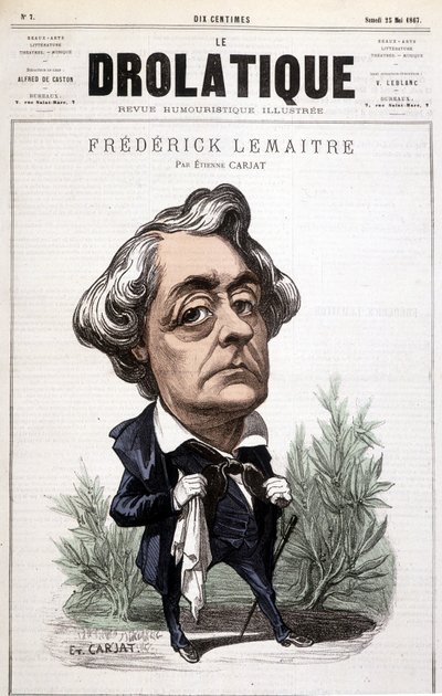 El Drolático, Frédérick Lemaitre (1800/1876), famoso actor por sus roles dramáticos, cercano a Victor Hugo. Caricatura de Carjat de Etienne Carjat