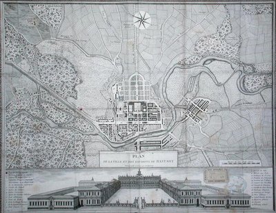 Mapa de la ciudad de Rastadt, sus alrededores y el Schloss de Etienne Claude Voysard