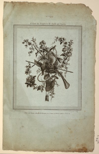Trofeo con implementos de caza, Placa 1 de "Suite de Trofeos de caza," Suite VI de Etienne Claude Voysard