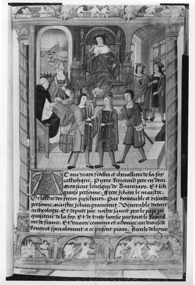 Enrique VI (1421-71) y Pierre Cauchon (1371-1442) Obispo de Beauvais y Lisieux, del Manuscrito de Diana de Poitiers (foto en blanco y negro) de Etienne Collant
