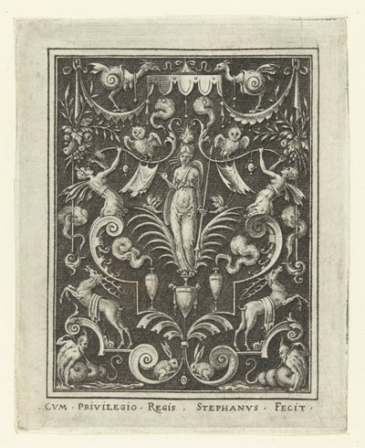 Bellona Decoraciones superficiales con figuras de dioses en un marco de grutescos (versión posterior) (título de la serie) de Etienne Delaune