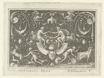Esaú vende su primogenitura a Jacob Decoraciones planas con escenas del Antiguo Testamento en un marco de grutescos (título de la serie) de Etienne Delaune