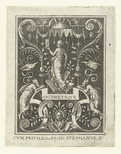 Aritmética ARITMETIQVE (título sobre objeto) Cuatro artes liberales, la perspectiva y la arquitectura, representadas por mujeres (versión posterior) (título de la serie) de Etienne Delaune