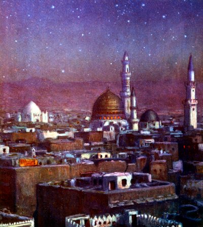 Vista de Medina, Arabia, a la luz de la luna, mostrando la cúpula de la Tumba del Profeta de Alphonse Etienne Dinet