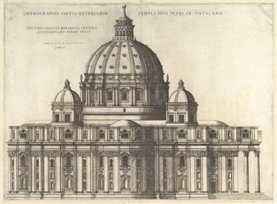 Speculum Romanae Magnificentiae: Elevación mostrando el exterior de la Basílica de San Pedro, 1558-61 de Etienne Duperac