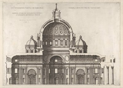 Speculum Romanae Magnificentiae: Sección longitudinal mostrando el interior de San Pedro, 1551, 1558-61 de Etienne Duperac