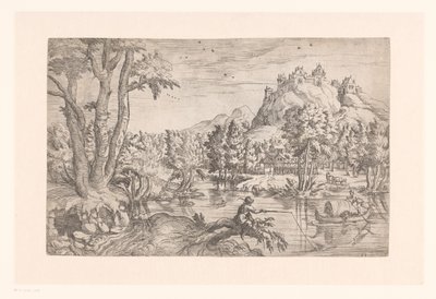 Paisaje con pescador y castillo en la cima de la montaña de Etienne Dupérac (attributed to)