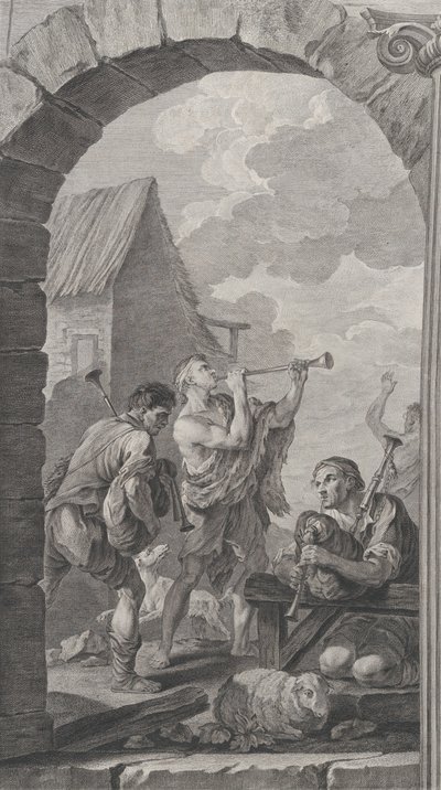 La capilla de los Enfants-Trouvés en París: Grupo de pastores: trompetistas, 1754 de Etienne Fessard