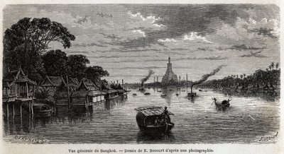 Vista general de Bangkok (Tailandia), dibujo de E.Bocour, para ilustrar el viaje de Henri Mouhot a los reinos de Siam, Camboya y Laos de 1858 a 1861. Grabado en “” Le tour du monde””, editado por Edouard Charton de Etienne Gabriel Bocourt