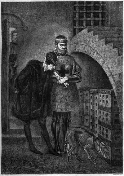 El rey Luis XI de Francia (1423-1483) visitando al prisionero Jean de La Balue (Cardenal Balue) (1421-1491), encerrado en una jaula de hierro. Grabado por Bocour después de la pintura de Gerome de Etienne Gabriel Bocourt