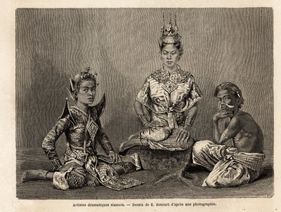 Artistas dramáticos siameses, dibujo de E. Bocour, para ilustrar el viaje de Henri Mouhot a los reinos de Siam, Camboya y Laos de 1858 a 1861. Grabado en “Le tour du monde”, editado por Edouard Charton de Etienne Gabriel Bocourt