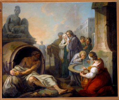 Diógenes rompiendo su escudilla. Diógenes de Sinope llamado el Cínico (413-327 a.C.), filósofo griego, abandona su escudilla después de ver a un niño beber agua con las manos en la fuente de Étienne Jeaurat