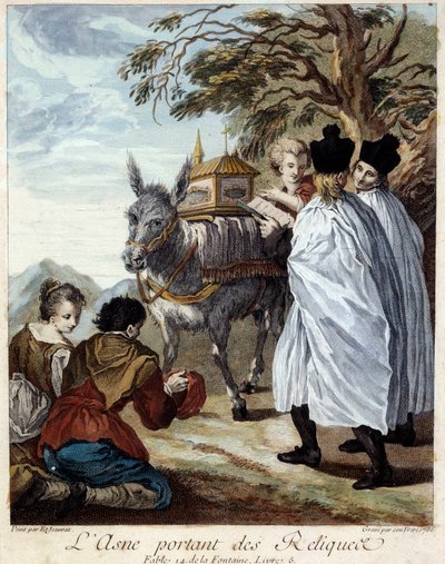 Burro portando reliquias. Ilustración para la fábula de Jean de La Fontaine de Étienne Jeaurat