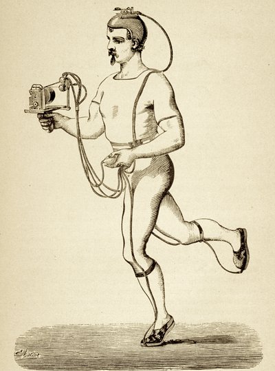 Corredor provisto del aparato destinado a registrar sus diferentes ritmos, de la Popular Science Monthly, pub.1875 de Etienne Jules Marey