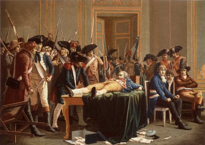 La mañana del 10 de Thermidor Año II; Maximilien de Robespierre, con la mandíbula fracturada, extendido sobre una mesa (cromolito) de Etienne Lucien (after) Melingue