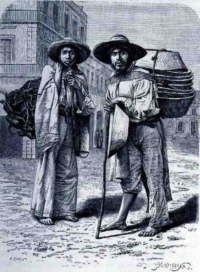 Vendedores de carbón y batteas, de Las ciudades antiguas del Nuevo Mundo, por Claude-Joseph-Desire Charnay, grabado por Henri-Theophile Hildebrand (1824-97), pub. 1887 de Etienne after Ronjat