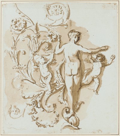 Desnudo femenino visto desde atrás, con dos putti, entre decoración de hojas de acanto de Etienne de Lavallee Poussin