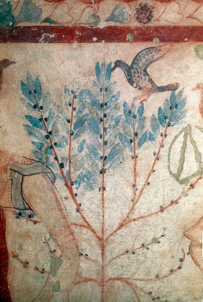Un pájaro posado en un pequeño árbol (detalle) Fresco, 530 a.C. de Etruscan