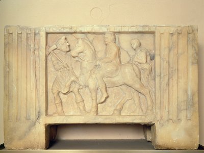 Urna de alabastro con el difunto cabalgando hacia el inframundo, siglo IX-I a.C. de Etruscan