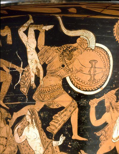 Antigüedad etrusca: crátera de campana que representa la destrucción de Troya: detalle que representa a Neoptólemo arrojando a Astianacte, hijo de Héctor, sobre las murallas. De Falerii Veteres (Civita Castellana). 350-300 a.C. Roma, Museo Nacional de Vill de Etruscan