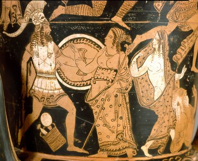 Antigüedad etrusca: crátera en campana que representa la destrucción de Troya: (detalle) que representa a Menelao frente a Afrodita, Helena está representada a la derecha. De Falerii Veteres (Civita Castellana). 350-300 a.C. Roma, Museo Nacional de Villa G de Etruscan