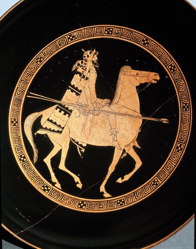 Antigüedad etrusca: (detalle) de una kílix que representa a un jinete. De Falerii Veteres (Civita Castellana) siglo V a.C. Roma, Museo Nacional de Villa Giulia de Etruscan