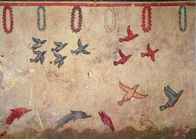 Aves acuáticas y delfines saltando, de la Tumba de la Caza y la Pesca, c.520-10 a.C. de Etruscan