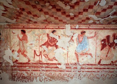 Bailarines y músicos durante un banquete. Frescos de la Tomba del triclinium, siglo V a.C. de Etruscan