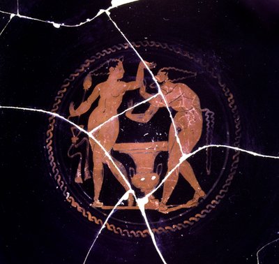 Detalle de una kylix que representa a una ménade y un sátiro, 330-300 a.C. de Etruscan