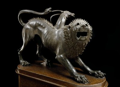 Arte etrusco: Quimera de Arezzo herida por Belerofonte - Escultura de bronce, 400-350 a.C. - Museo Arqueológico de Florencia - Quimera de Arezzo - Escultura de bronce etrusca (H. 65 cm), 400-350 a.C. - Florencia, Museo Arqueológico de Etruscan