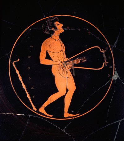 Arte etrusco: Kylix de terracota negra decorada con la representación de un tocador de lira. De la tumba de los vasos griegos. Necrópolis de la Banditaccia. Cerveteri. Siglo VI o V a.C. Roma, Museo Nacional de Villa Giulia de Etruscan