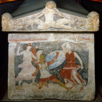 Arte etrusco: un soldado griego es atacado por dos amazonas. Arriba, Acteón devorado por sus perros. Sarcófago de las amazonas. Finales del siglo IV a.C. De Tarquinia. Florencia, Museo Arqueológico de Etruscan