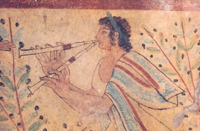 Arte etrusco: un flautista. Detalle de un fresco de la Tumba de los Leopardos, en la necrópolis de Monterozzi, Italia, principios del siglo V a.C. (fresco) de Etruscan