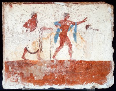 Arte etrusco: un joven efebo, un músico y un maestro de ceremonias. Fresco de la tumba del "buceador". Del cementerio sur de Paestum. 480-470 a.C. Museo Arqueológico Nacional, Paestum de Etruscan