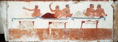 Arte etrusco: escena de banquete. Fresco de la tumba del "buceador". Del cementerio sur de Paestum. 480-470 a.C. Museo Arqueológico Nacional, Paestum de Etruscan