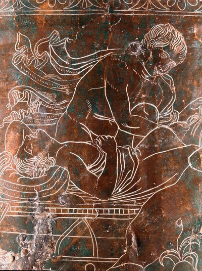 Arte etrusco: detalle del Cista Ficoroni de bronce que representa la leyenda de los Argonautas: el barco de Argos. De Preneste (Palestrina). 340 a.C. Museo Nazionale di Villa Giulia, Roma de Etruscan