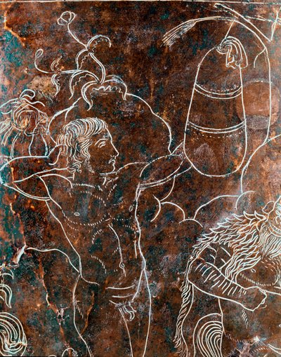 Arte etrusco: detalle del Cista Ficoroni de bronce que representa la leyenda de los Argonautas: un argonauta entrenando en pugilato. De Preneste (Palestrina). 340 a.C. Museo Nazionale di Villa Giulia, Roma de Etruscan