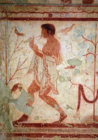 Arte etrusco: frescos que representan escenas de banquete, detalle que representa a un flautista. Tumba del Triclinium. Siglo V a.C. Museo Arqueológico Nacional de Tarquinia, Italia de Etruscan