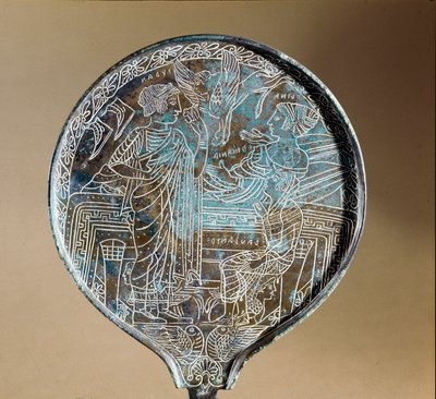 Arte etrusco: reverso de espejo en bronce: Afrodita persuadió a Helena para seguir a París a Troya. Siglo V a.C. Roma, Museo Nazionale di Villa Giulia de Etruscan