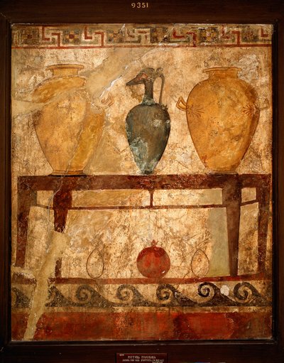 Arte Etrusco: mesa con jarrones con ofrendas. Fresco del cementerio de Paestum. Siglo IV a.C. Museo Arqueológico Nacional, Nápoles, Italia de Etruscan
